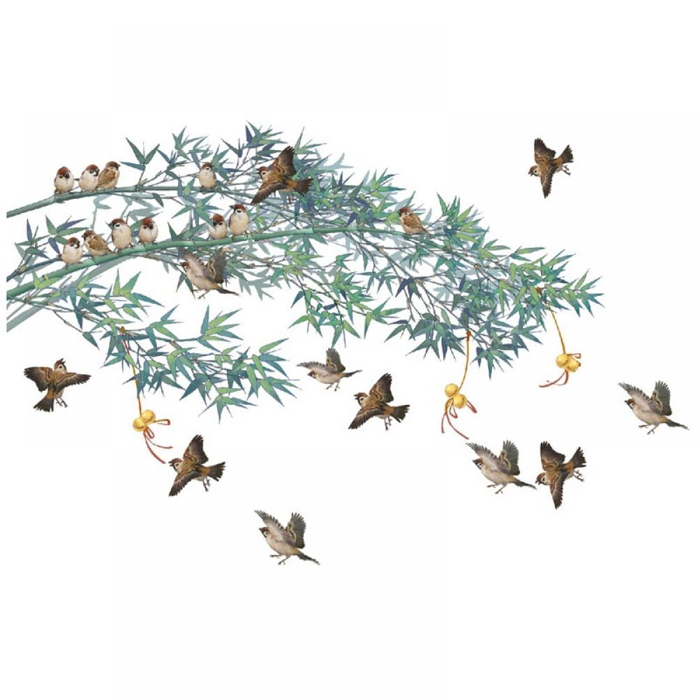 Giant Removable DIY Green Bamboo Flying Birds Wall Decals Creative 3D TV Sofa Background Decoration Wall Sticker Peel and Stick Decor for Living Room Bedroom Kids Nursery House Offices Rooms