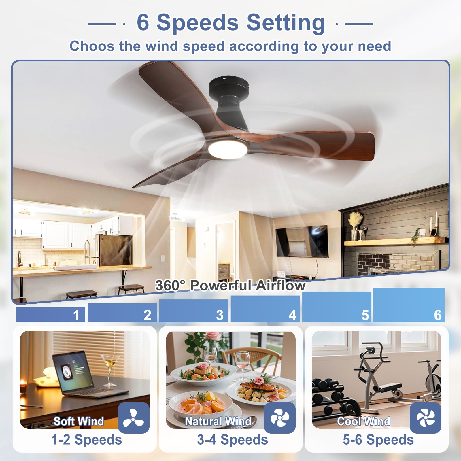 DingLiLighting 42-Inch Ceiling Fan with Lights: Walnut Flush Mount Ceiling Fan with Remote APP Control - Low Profile 3-Blade Fans for Indoor Outdoor 24W 3CCT Dimmable Timer DC Motor