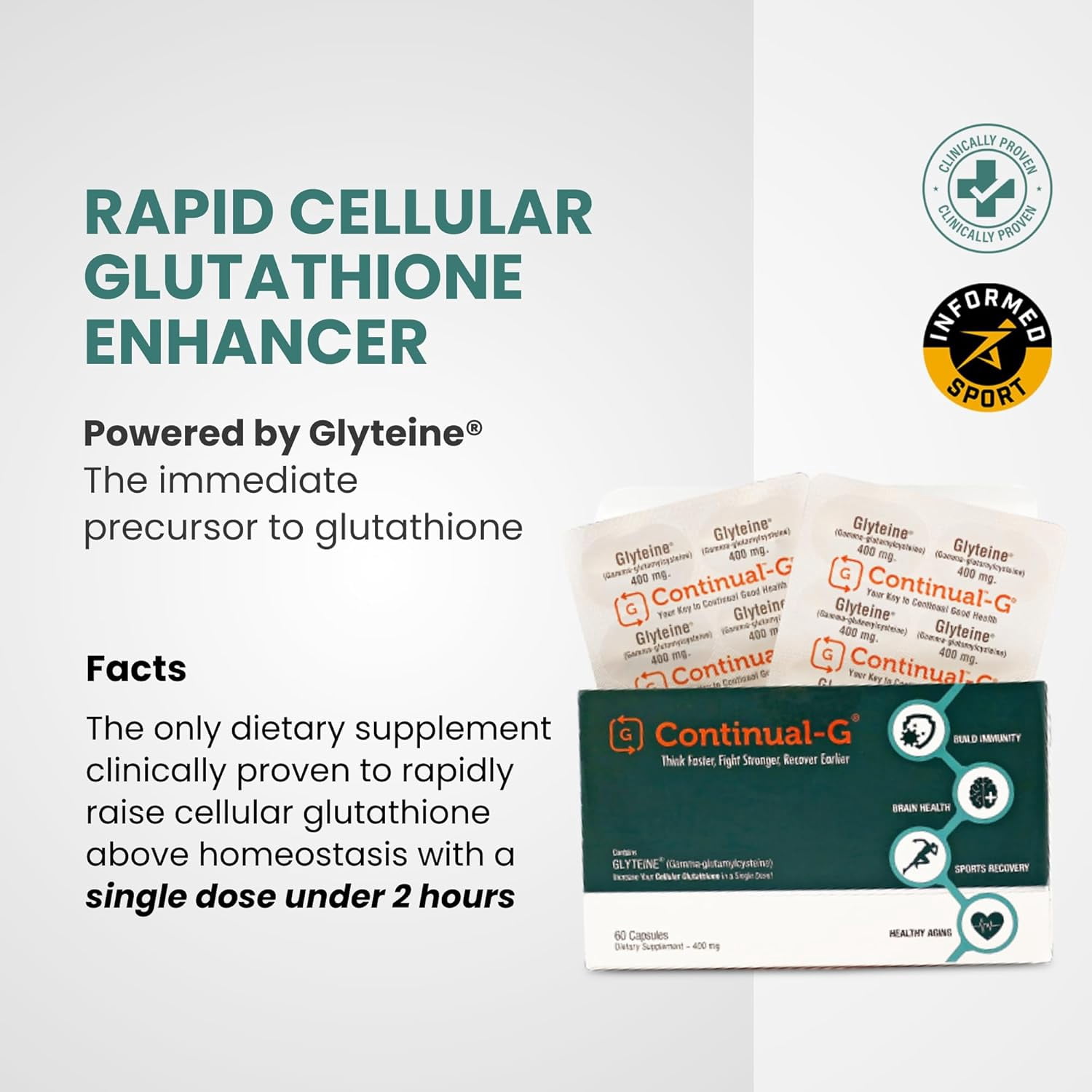 CONTINUAL - G Glyteine 400 mg Capsules | Cellular‑Enhancing Glutathione Supplement | Powerful Antioxidant Support | 30‑Day Supply (60 Capsules)