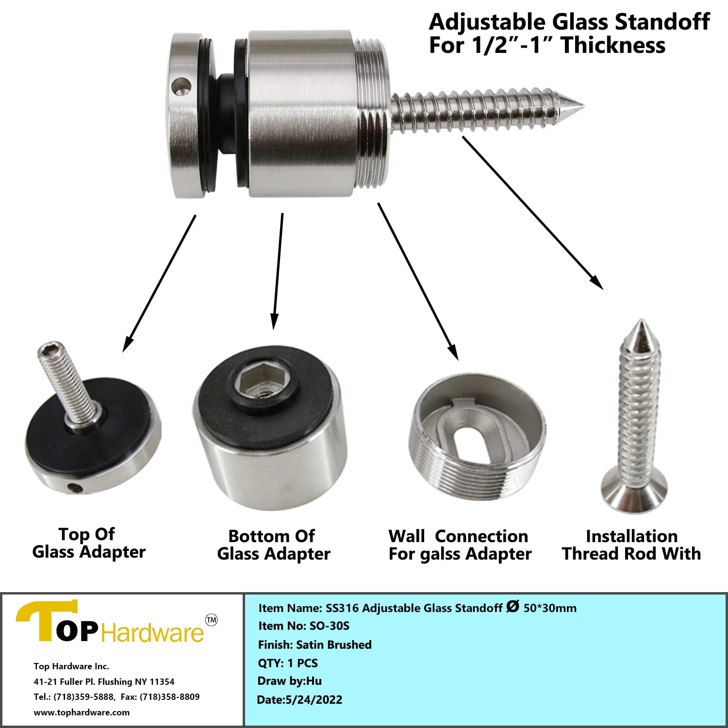 Stainless Steel 316 Grade 1-31/32 in (50mm) Diameter Adjustable Glass Standoff, 1-3/16 in Projection, Brush Finish, SO-30S, 4 Pieces