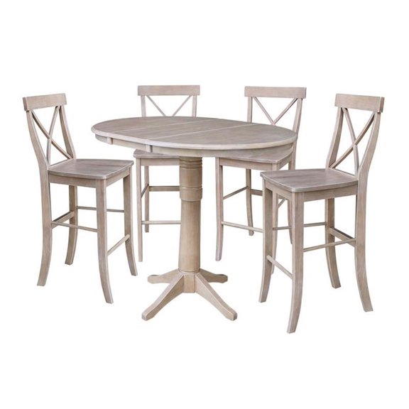 International Concepts 5-Piece Solid Wood Bar Height Dining Set with 36" Round Extension Pedestal Table and 4 Cross Back Bar Stools, Washed Gary Taupe
