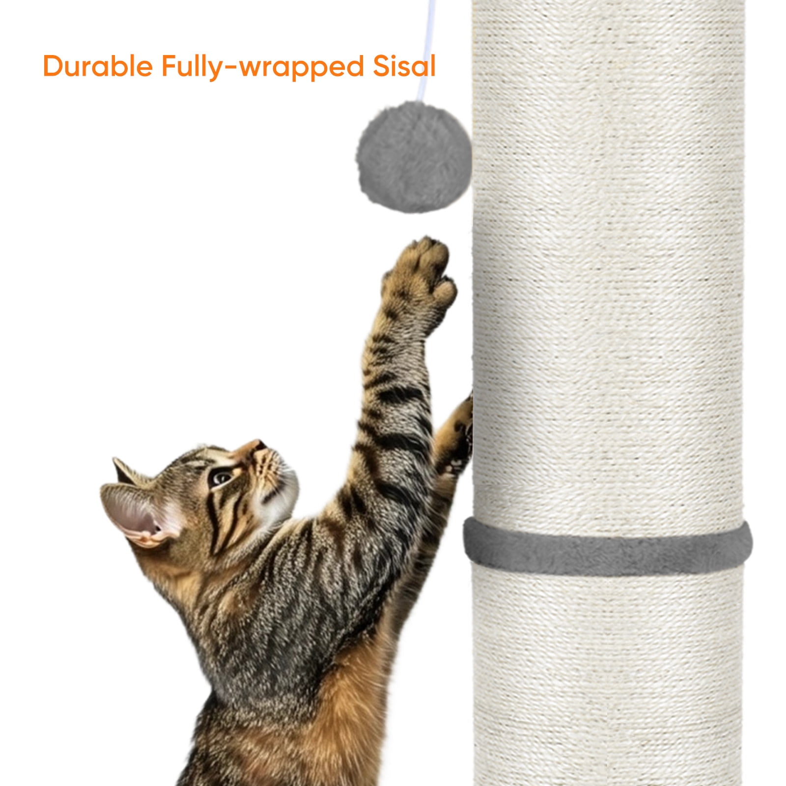 PAWSCRAT Cat Scratching Post 32" Tall, Large Diameter Natural Sisal Cat Scratch Post with Dangling Ball for Indoor Cats, Scratch-Resistant Durable & Protect Your Furniture, LightGrey