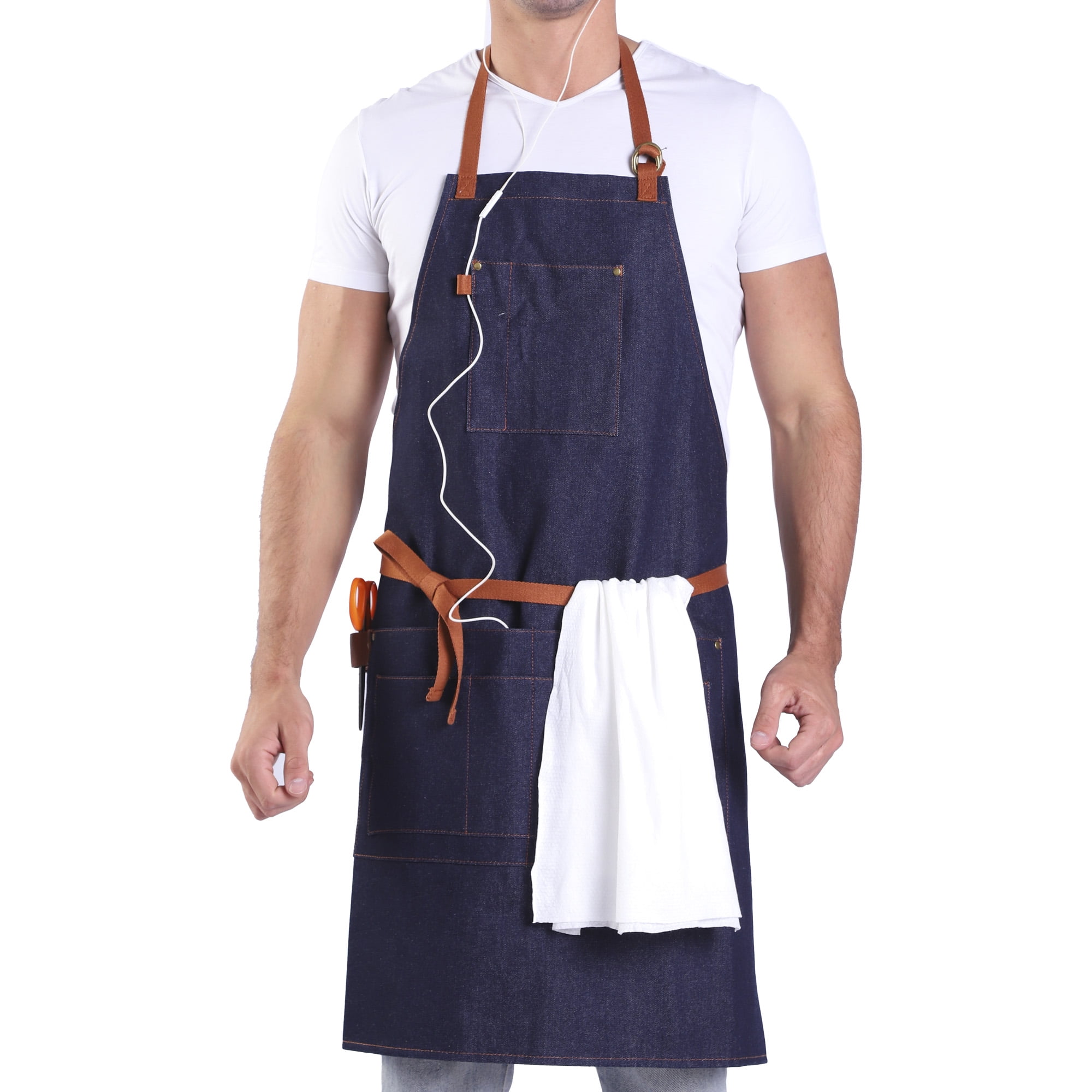 Denim Apron with Pockets for Men Women Large Bib Apron for Cooking Grilling Baking Working Gift