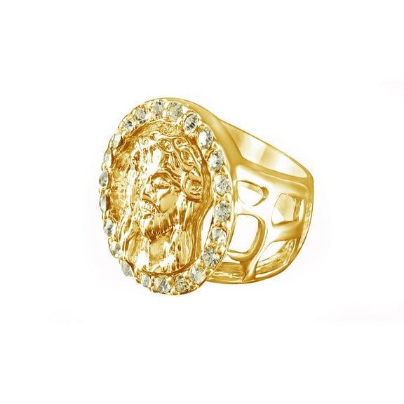 AFFY White Cubic Zirconia Epic Jesus Christ Face Signet Band Ring In 14k Yellow Gold Over Sterling Silver