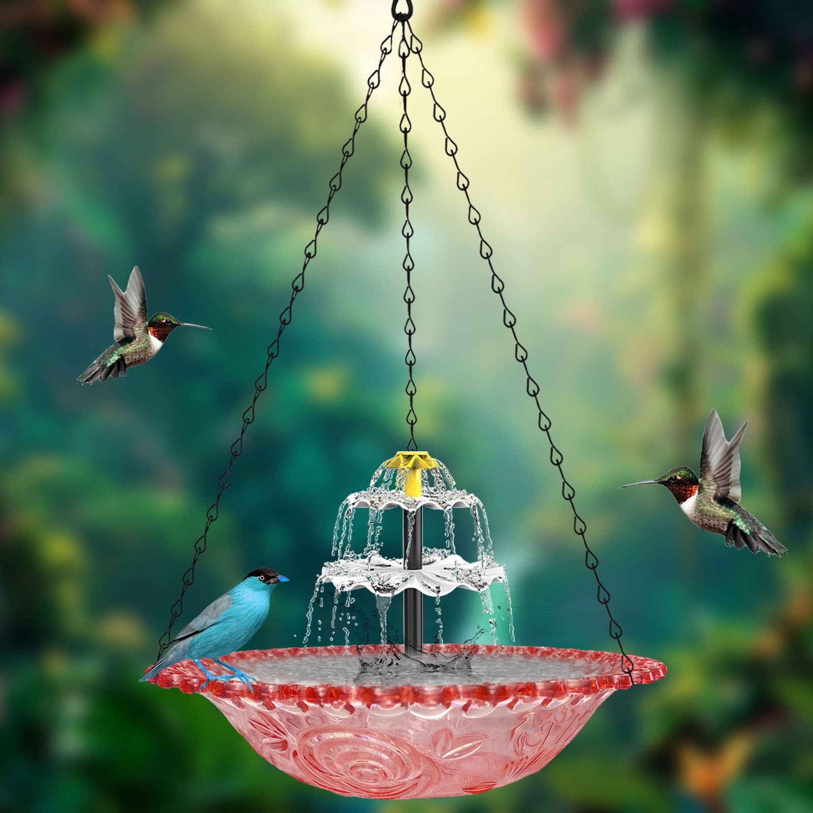 Solar Hanging Bird Bath Fountain, Outdoor Hanging Bird Bath with Solar Fountain, Large Humming Birds Baths Fountains, with Solars Pump Glass Bowl, for Outdoor, Gardens