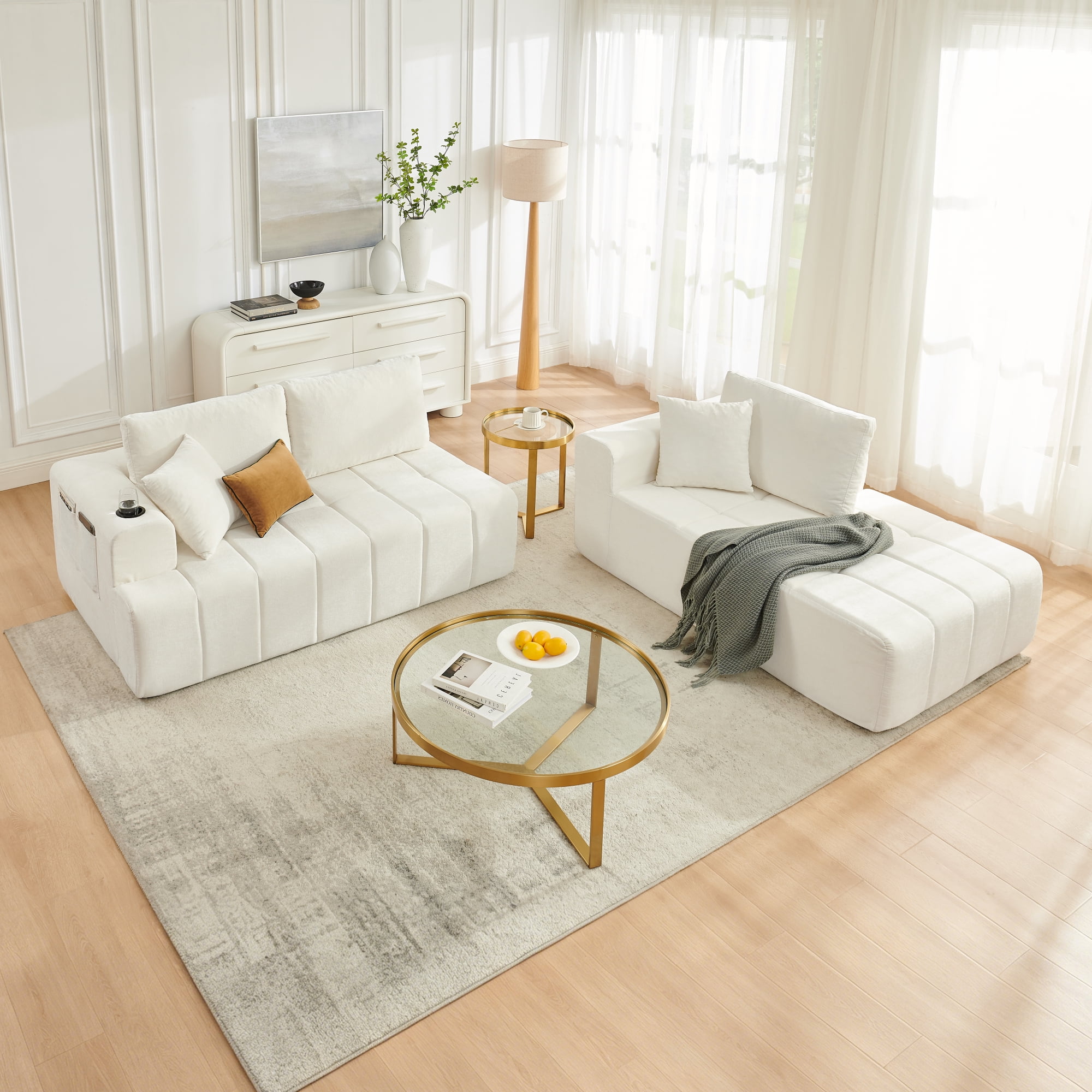 Leumius 108" L-Shaped Sectional Sofa,Chenille Boneless Couch, Modern 3-Seat Upholstered Cloud Couch Sectional with Deep Seat and Cup Holders for Living Room,No Assembly Required,Beige