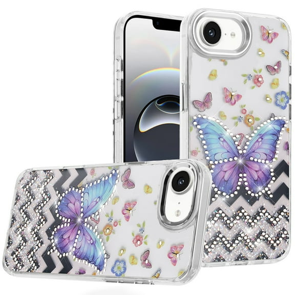 For iPhone 17E / 16E / SE4 Resin Epoxy Design Diamond Metal Edged Hybrid Case - A