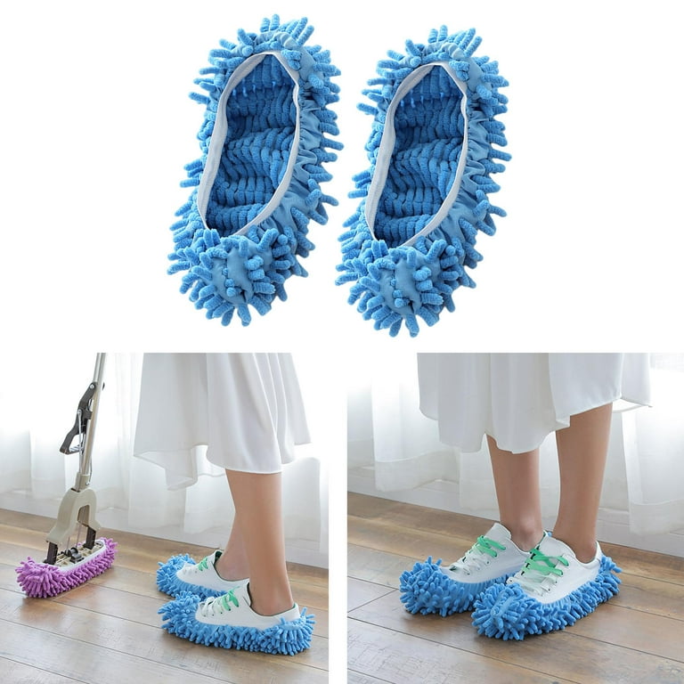 Washable Mop Slippers Microfiber 2x Lazy Foot Socks Cleaner Foot Shoes  Cover for kitchen and office Bathroom Floor Dusting , Blue, 17x15cm 