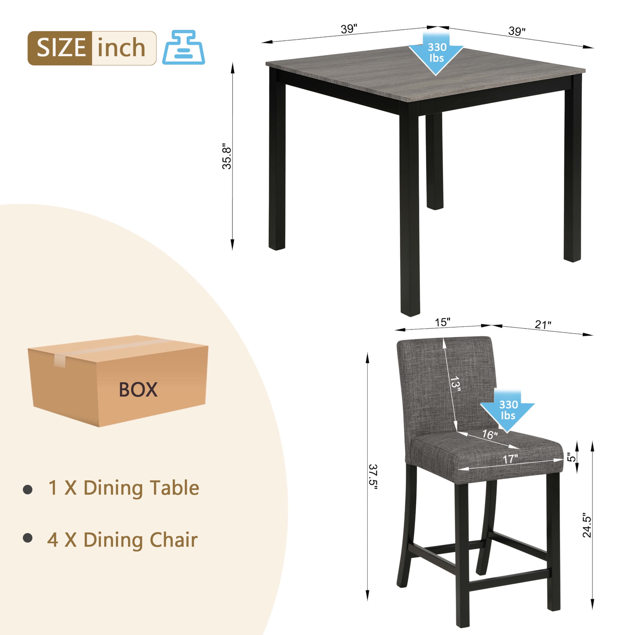 Noble House 5-Piece Counter Height Square Dining Table Set with Upholstered Chairs for 4, Light Gray+Black