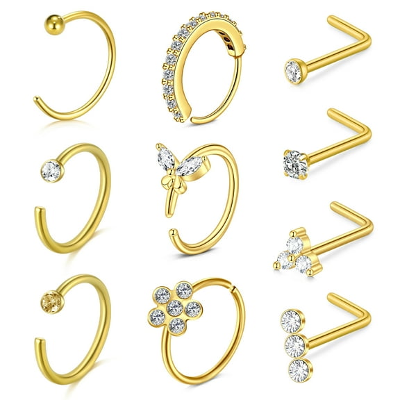 Briana Williams 6 Pcs nose rings hoop 4 Pcs Nose Studs Unisex 20G Stainless Steel Gold Nose Rings Hoops