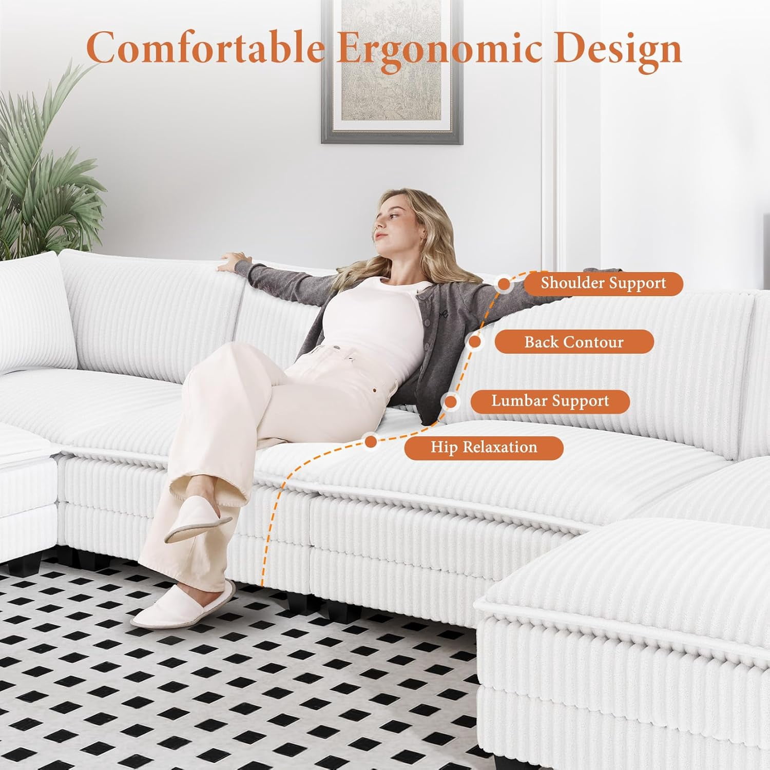 Neche 143" L Shaped Modular Sectional Sofa, Comfy Corduroy Upholstered Modular Sectional Couches for Living Room, Modern Cloud Couch with Ottoman Deep Seat, Warm White