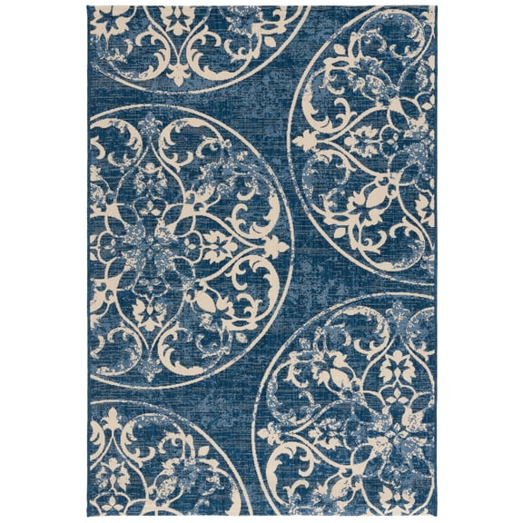 SAFAVIEH Courtyard Edmond Geometric Indoor/Outdoor Area Rug, Navy Blue/Beige, 5'1" x 7'6"