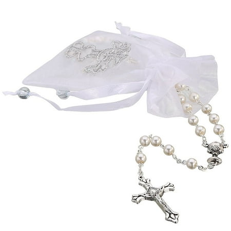 First Communion Glass - First Holy Communion Rosary with Glass Simulated Pearl Beads in Organza Bag - 17 Inch