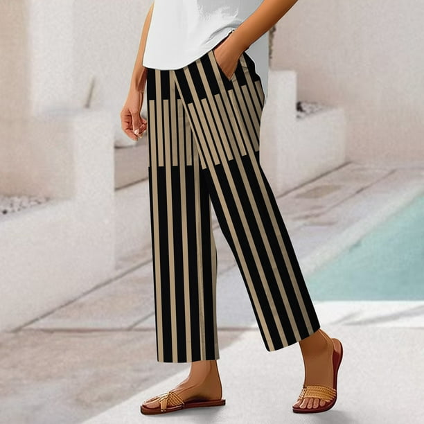 WILLBEST Pantalones Casuales para Mujer - Capri Holgado de Lino con Estampado Floral Bohemio, Rayas, Cintura Elástica y Cordón Ajustable para Relajarse y Actividades al Aire Libre. Extra Grande