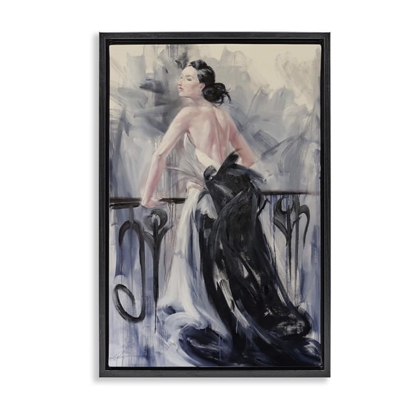 Stupell Industries Elegant Woman Against Railing People Painting Black Floater Framed Canvas Art Print Wall Art, 17 x 25