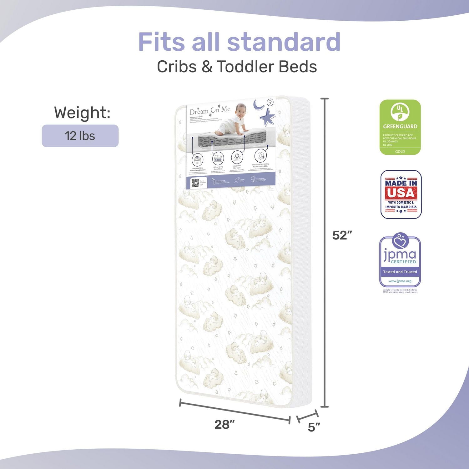 Dream On Me 2-in-1 Breathable Twilight 5" Spring Coil Crib and Toddler Bed Mattress with Reversible Design, Model #BR-80