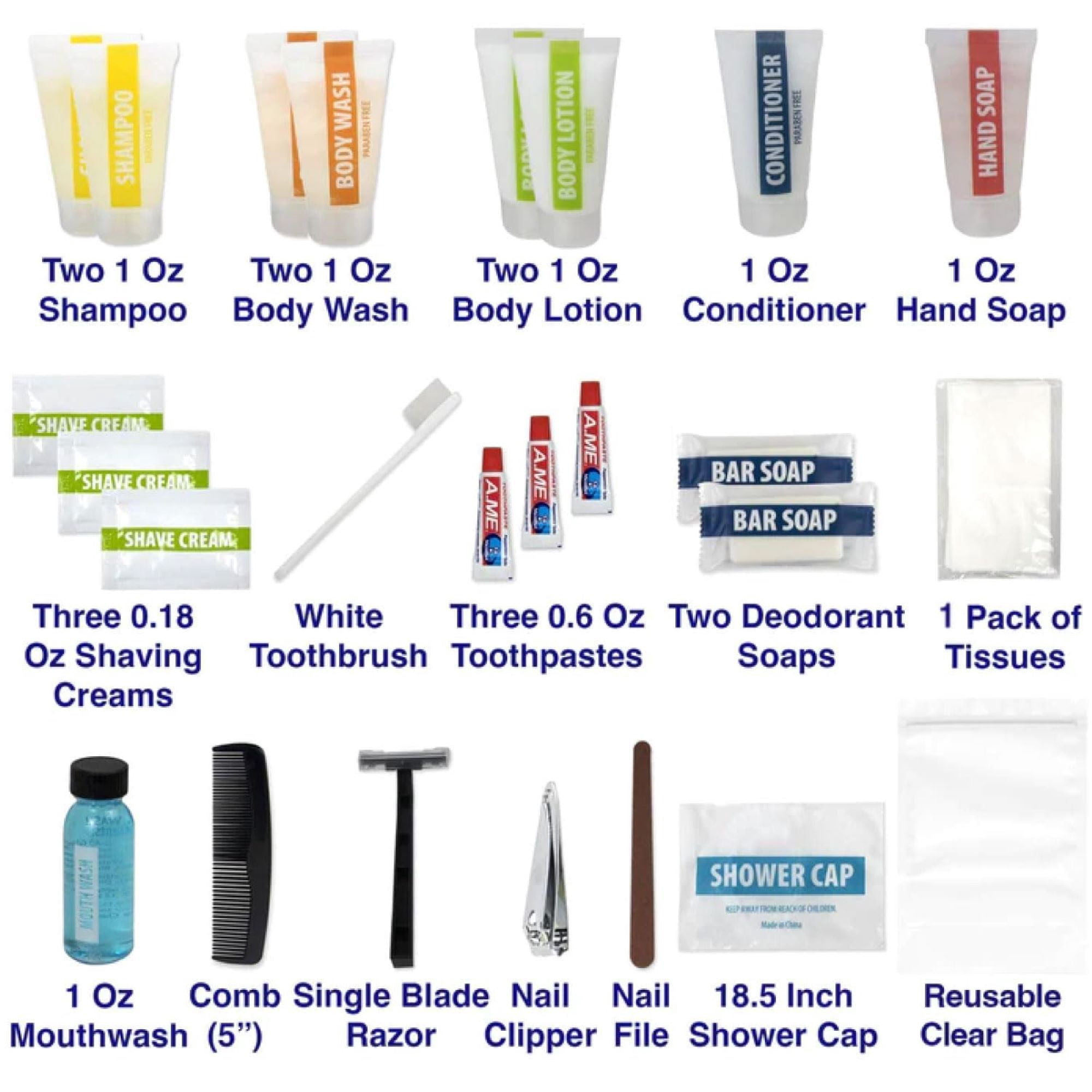 24 Pack of Bulk Wholesale 25 Piece Travel Size Toiletry Kits for Men & Women Containing Shampoo, Conditioner, Body Wash, Body Lotion, Soap Bars, Toothbrush, Toothpaste, Hair Comb and More!