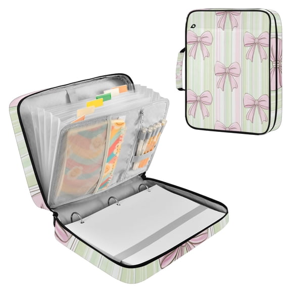 Pink Green Stipes with Bows Accordion File Organizer Expanding File Folder 3-Ring Binder Bag 500 Sheets A4 Size