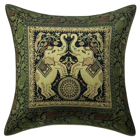 Stylo Culture Ethnic Settee Sofa Throw Pillow Cover 16x16 Jacquard Dark Green Square 40 x 40 cm Home Decor Brocade Elephant Zippered Cushion Cover | 1 Pc