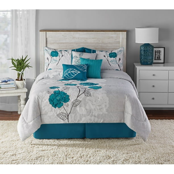 Mainstays 7 Piece Teal Roses Comforter, Full Queen Bedding