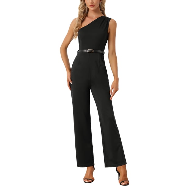 INSPIRAR CHIC Mono de un hombro para mujeres, vestido sin mangas, con cinturón, pantalones anchos, color negro, talla XL