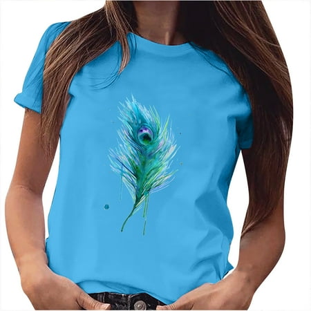 

Cute Tops for Women Women Girls Plus Size Feather Print Shirt Short Sleeve T -Shirt Blouse Tops Round-Neck Women S Tops Tees & Blouses Blue XXL