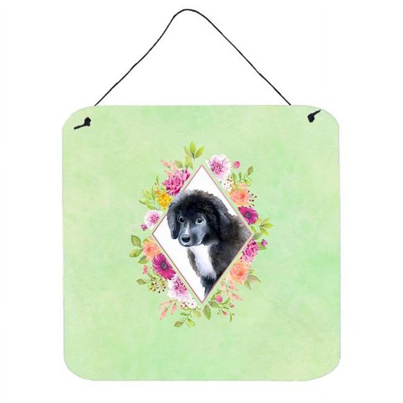 Carolines Treasures CK4324DS66 6 x 6 in. Newfoundland Puppy Green Flowers Wall or Door Hanging Prints