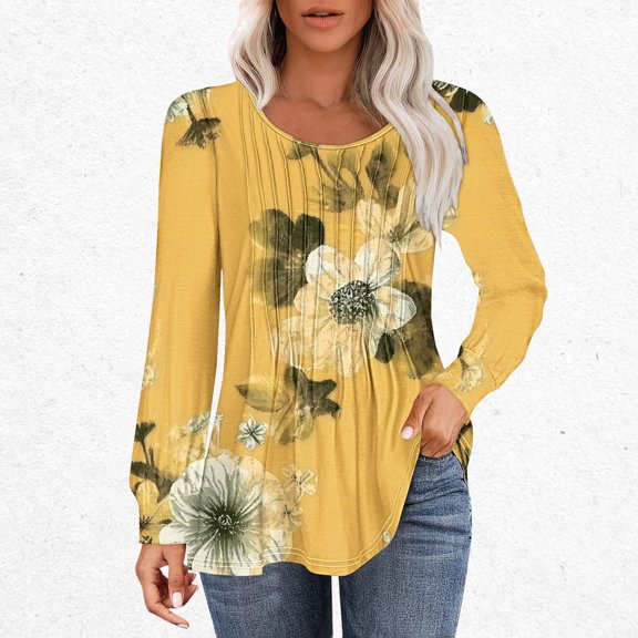 Bwndum Pleated Tops for Women Casual Floral Ladies Blouse Long Sleeve Pullover Elegant Tops S-2XL