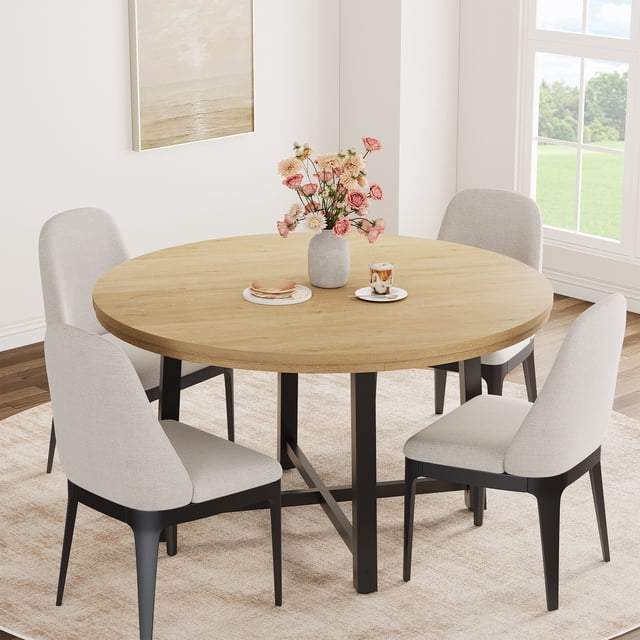 GloryStar 47" Round Metal-Frame Dining Table, Wooden Top 4-Person Circle Table for Kitchen, Dining Room & Apartment, Chairs Sold Separately