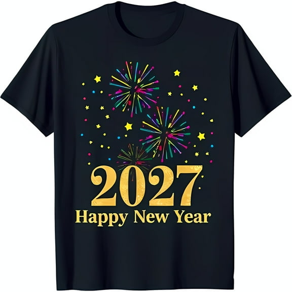 2027 Happy New Year Black T-Shirt with Colorful Design