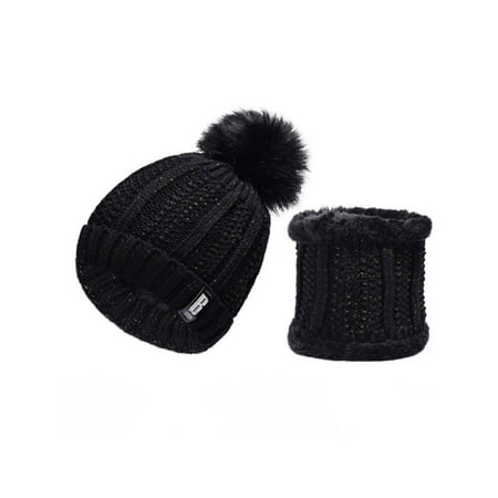 - Women Fleece Fur Pom Neck Warmer Beanie Set Wool Crochet Knit Hat Bobble Ski Cap