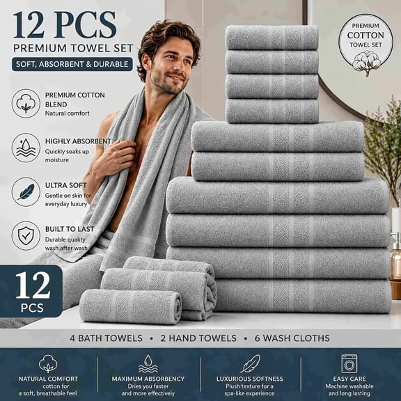 12pcs Bath Towel Set, 4pcs Bath Towels&2pcs Hand Towels&6pcs Washcloths, Solid Color, Cotton Towel, Absorbent, Quick-drying, Soft And Comfortable, Bathroom Supplies, Towels for Bathroom