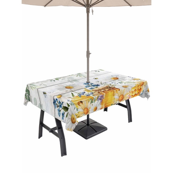 Outdoor Tablecloth with Umbrella Hole for Patio/Picnic/Party/Camping, Daisy Spring Floral Waterproof Table Cloth Rectangle Table Cover Washable, Farmhouse Botanical Green Leaves Wooden (60"x 120")