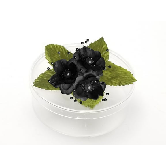 3 Clear Round Cookie Nut Candy Boxes w/ Pearl Satin Organza Flower - Black • Container material is Plastic • Clear round cookie nut candy boxes are 4.5" diameter 1.5 inches deep