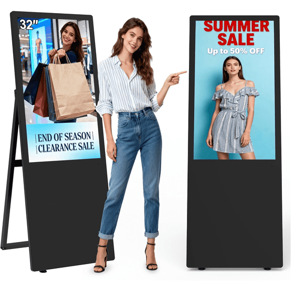 GO360BOOTH 32'' Floor Standing Digital Signage, 350nits High Brightness Advertising Display, Digital Signage with CMS/U-Disk Plug&Play, Split Screen, 7/24 Timer Switch,HDMI/USB/WiFi/Android OS