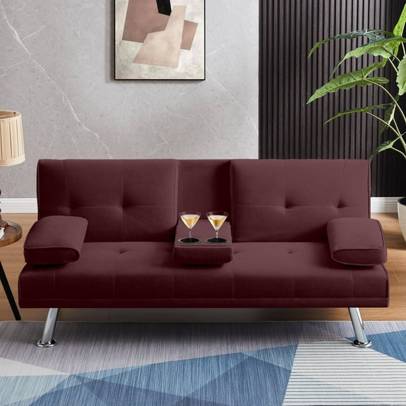 GJQ Convertible Futon Sofa Bed with Durable Steel Legs, Modern Folding Sofa Couch for Adults(Velvet, Wine Red)