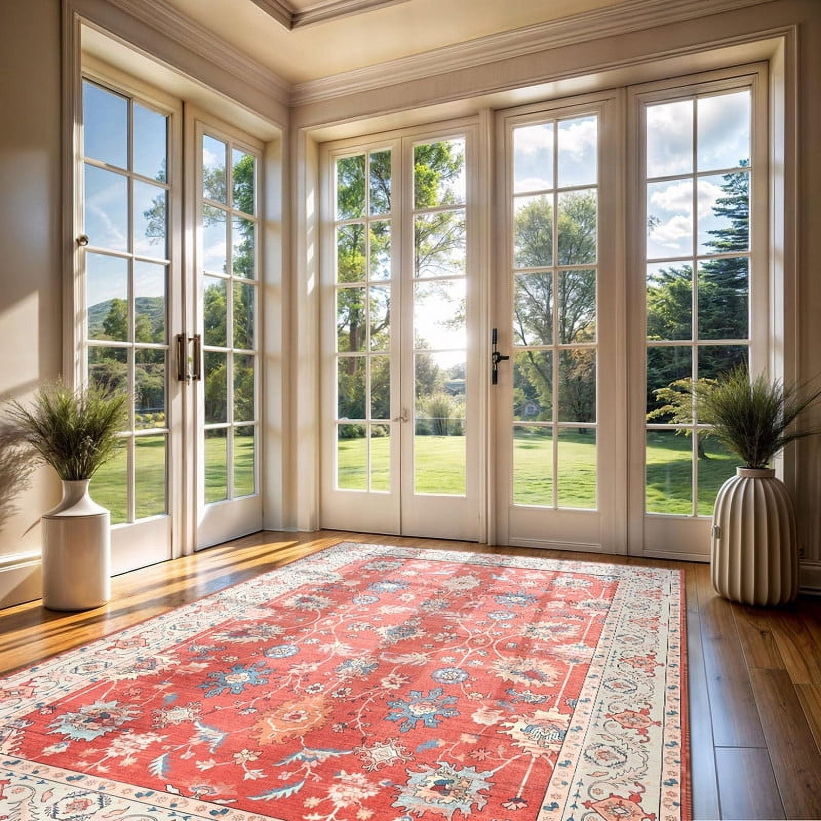 Jamfeel Rugs for Living Room Classic Boho Floral Print Floor Carpets Soft Low Pile Non-slip Washable Area Rug 5'x8' Red