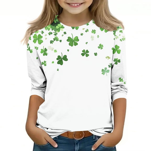 Girls St Patricks Day Shirt Clover Print 3/4 Sleeve Top, Soft Stretch Green & White Holiday Tee for Kids to Teen,Size 9-10T