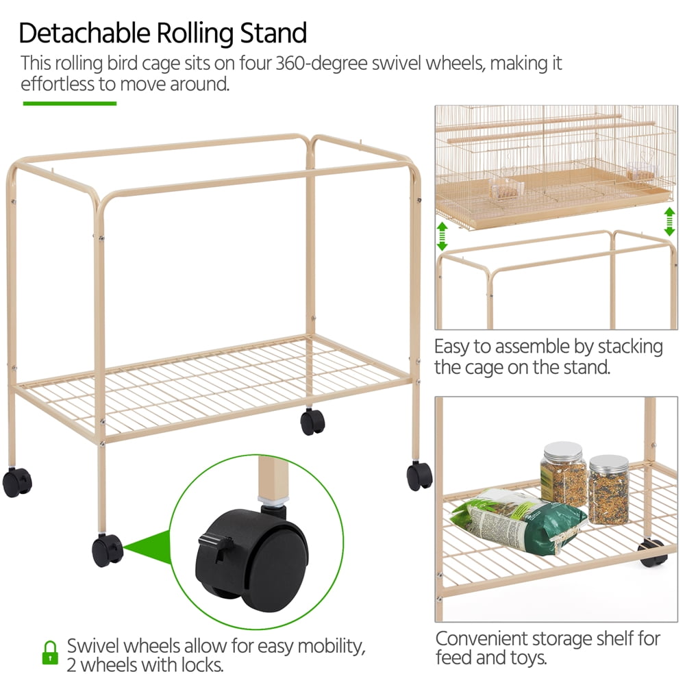 Renwick 47"H Rolling Stand Flight Metal Bird Cage with Slide-Out Tray for Small Birds, Almond