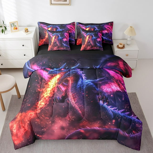 Erosebridal Ensemble de Literie 3D Dragon Format Grand Lit, Ensemble de Lit Dragon de Feu Violet, Déco de Chambre Animale, Réversible