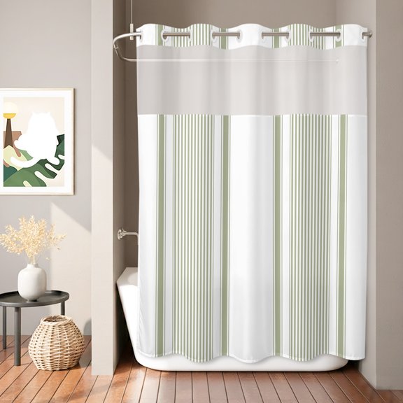Sage Green Striped Shower Curtain, Minimalist Stripes Farmhouse Modern Natural Waterproof No Hooks Bath Shower Curtain with See Through Top Window for Bathroom Bathtub 72x84in