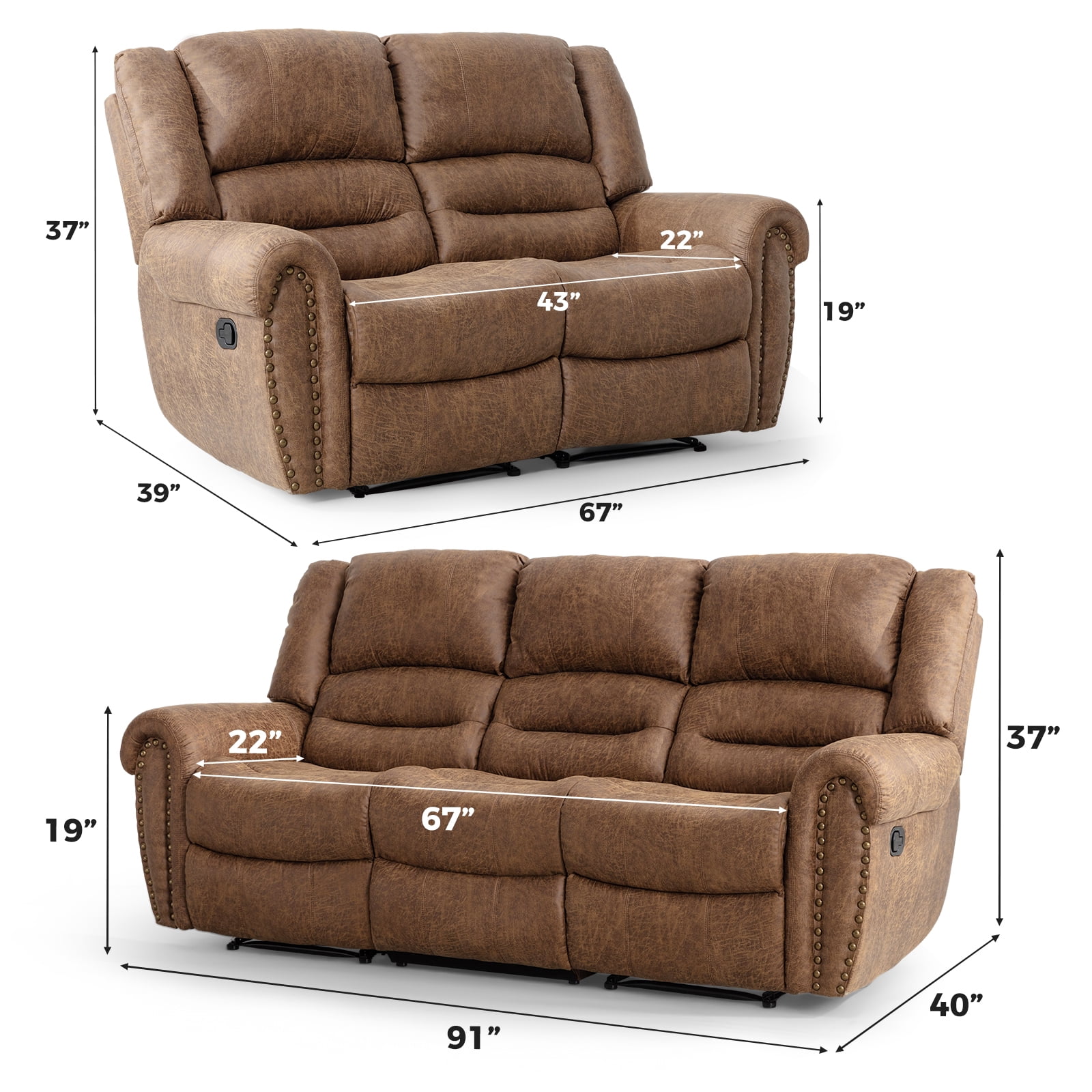 Bonzy Home Manual Recliner Sofa Living Room Furniture Set, Manual Recliner Chair Adjustable Backrest, Manual Loveseat and 3 Seat Recliner Sofa Couch Set for Living Room