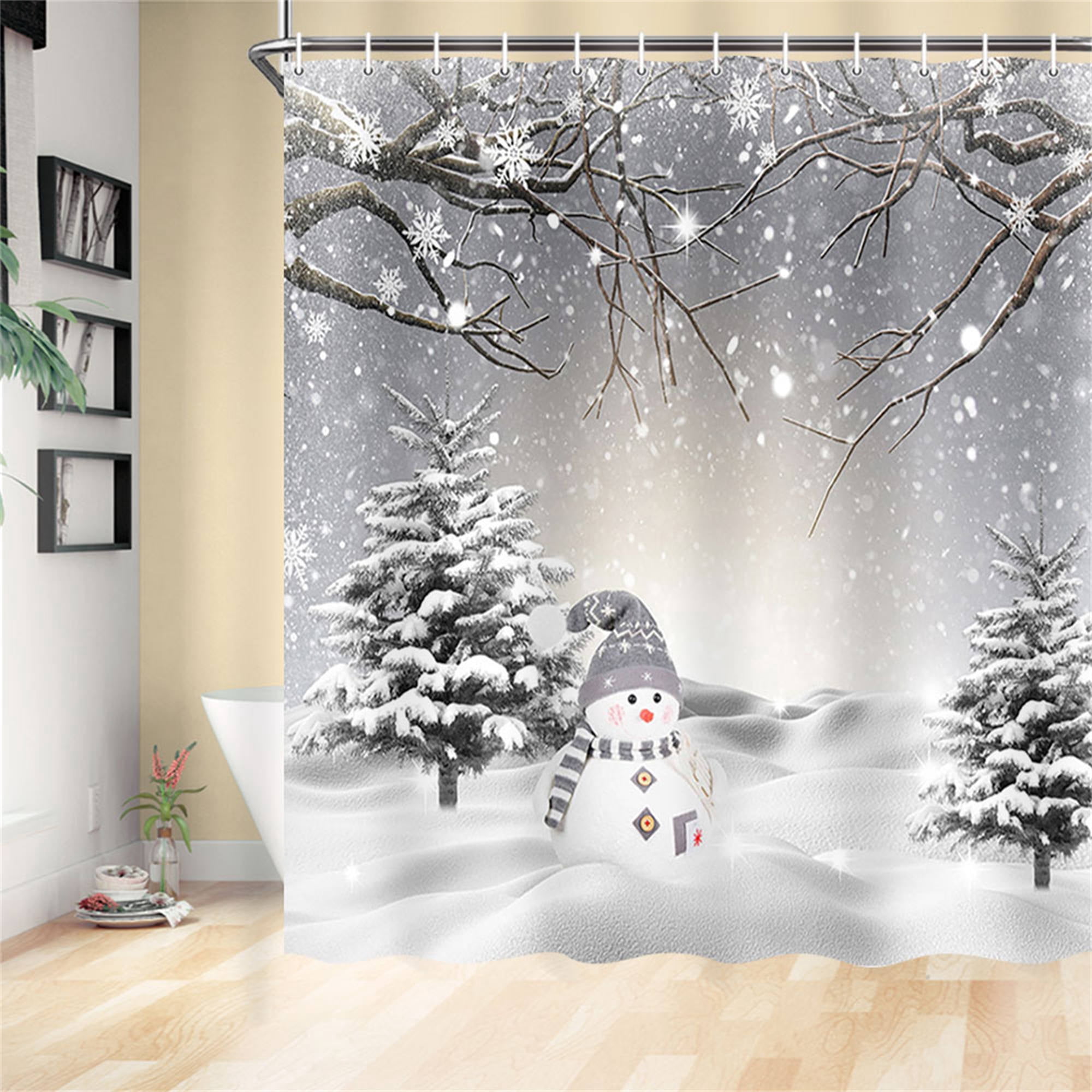 Christmas Grey Shower Curtains Winter Snowman Snowflake Snow Forest Trees Decor Fabric Bathroom Curtains Set With Hooks 69 X 70 Inches