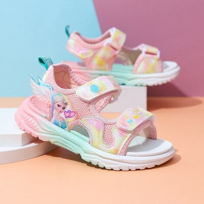 Sandalias de Disney para niñas, novedad de verano, malla de princesa congelada, bonitos dibujos animados, elsa, niñas, zapatos de playa informales, 29 plantillas, 18,4 CM Gao Jinjia LED