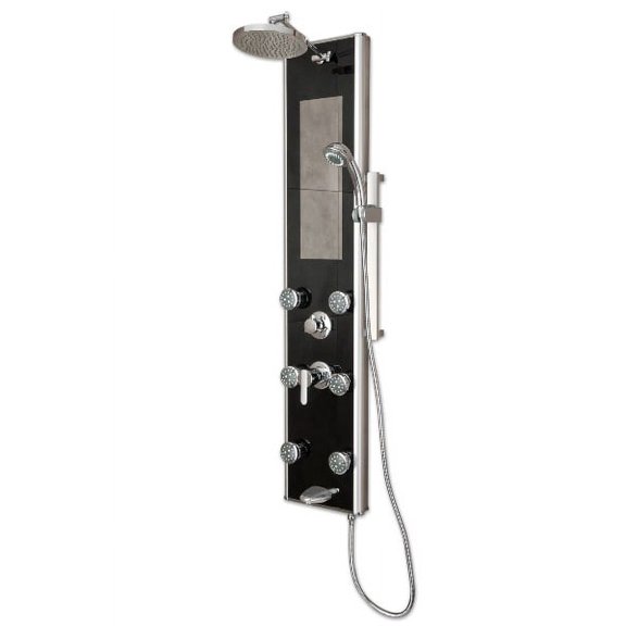 Leilani 8-in ShowerSpa with 6-Dual Function Body Jets Slide Bar Handshower and Built-in Mirror Black Glass and Chrome
