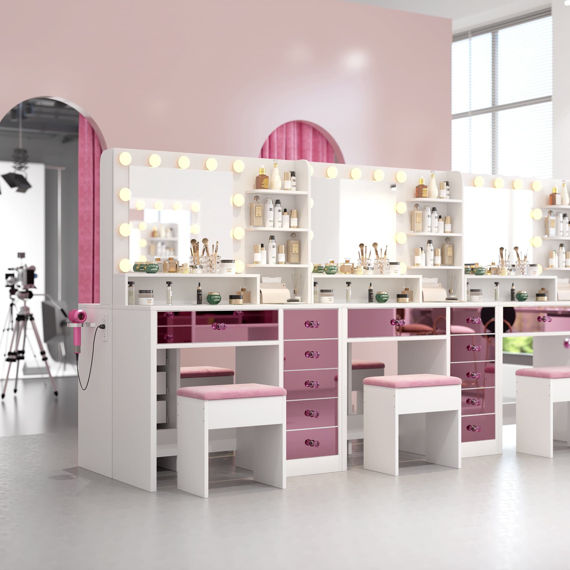 Mintazer Vanity Set with Hollywood Bulbs and Mirror, Dressing Table with 6 Drawers & Shelves and Cushioned Stool, Makeup Vanity Desk for Bedroom, Pink