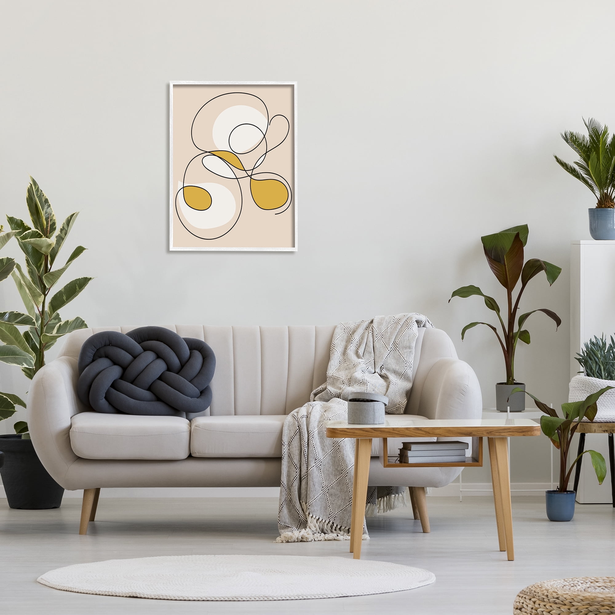 Stupell Industries Line Doodle with Yellow Abstract Painting White Framed Art Print Wall Art, 24 x 30