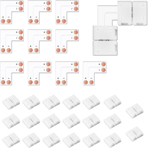 Connecteur de Bande Lumineuse LED 2 Broches 8mm en Forme de L Angle Droit Connecteurs Sans Soudure à 90° Connecteurs de Bande LED pour Lumières Non Étanches 8mm 2835 3528