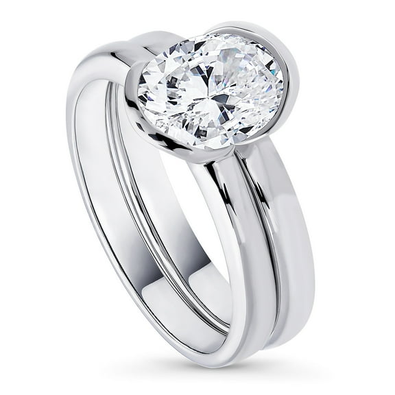 BERRICLE Sterling Silver Solitaire Wedding Engagement Rings 1.8 Carat Half Bezel Set Oval Cut Cubic Zirconia CZ Ring Set for Women, Rhodium Plated Size 5
