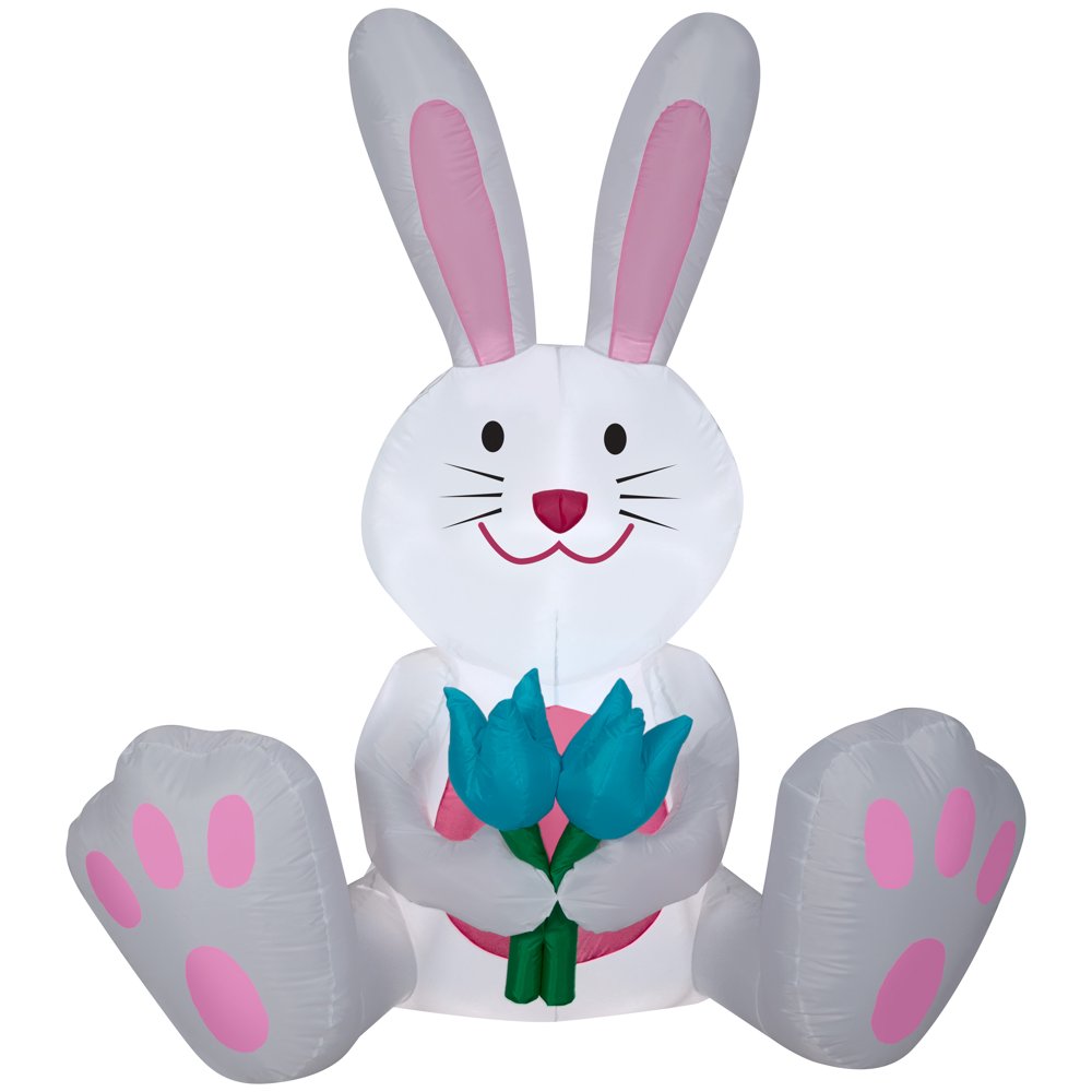 Gemmy Airblown Inflatable Easter Bunny with Blue Tulips, 5 ft Tall